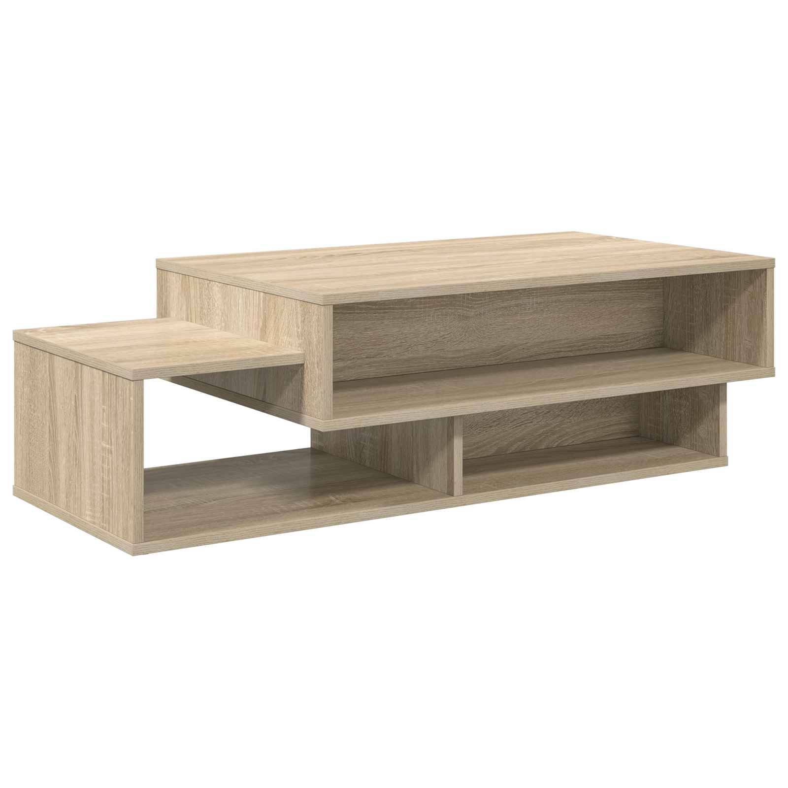 Ein moderner, hölzerner Couchtisch mit rechteckiger Platte, seitlicher Verlängerung und offenem Regal darunter zur Aufbewahrung.
