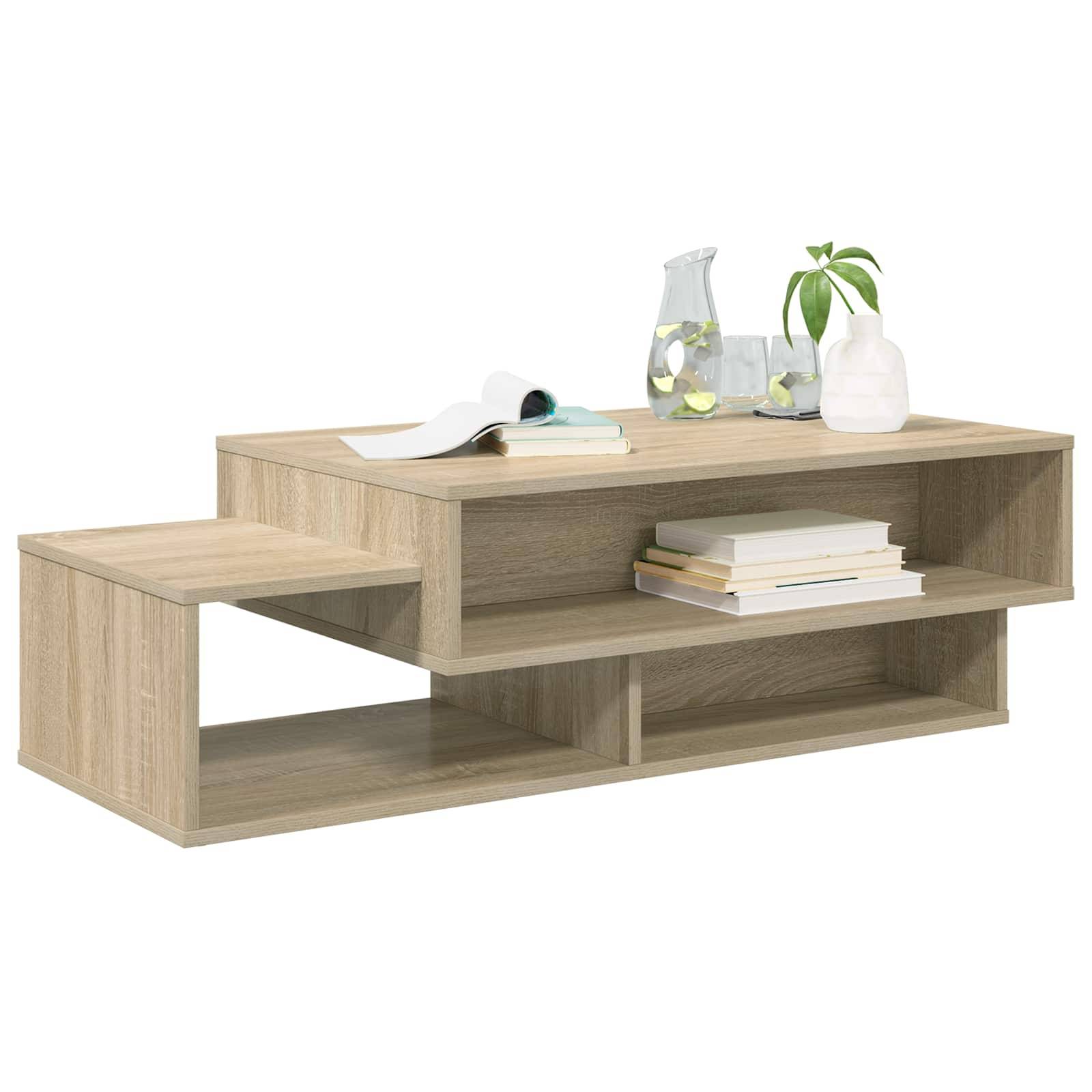 Holztischen mit gestuftem Design, darauf Bücher, ein Krug und eine kleine Pflanze. Moderner und minimalistischer Stil.