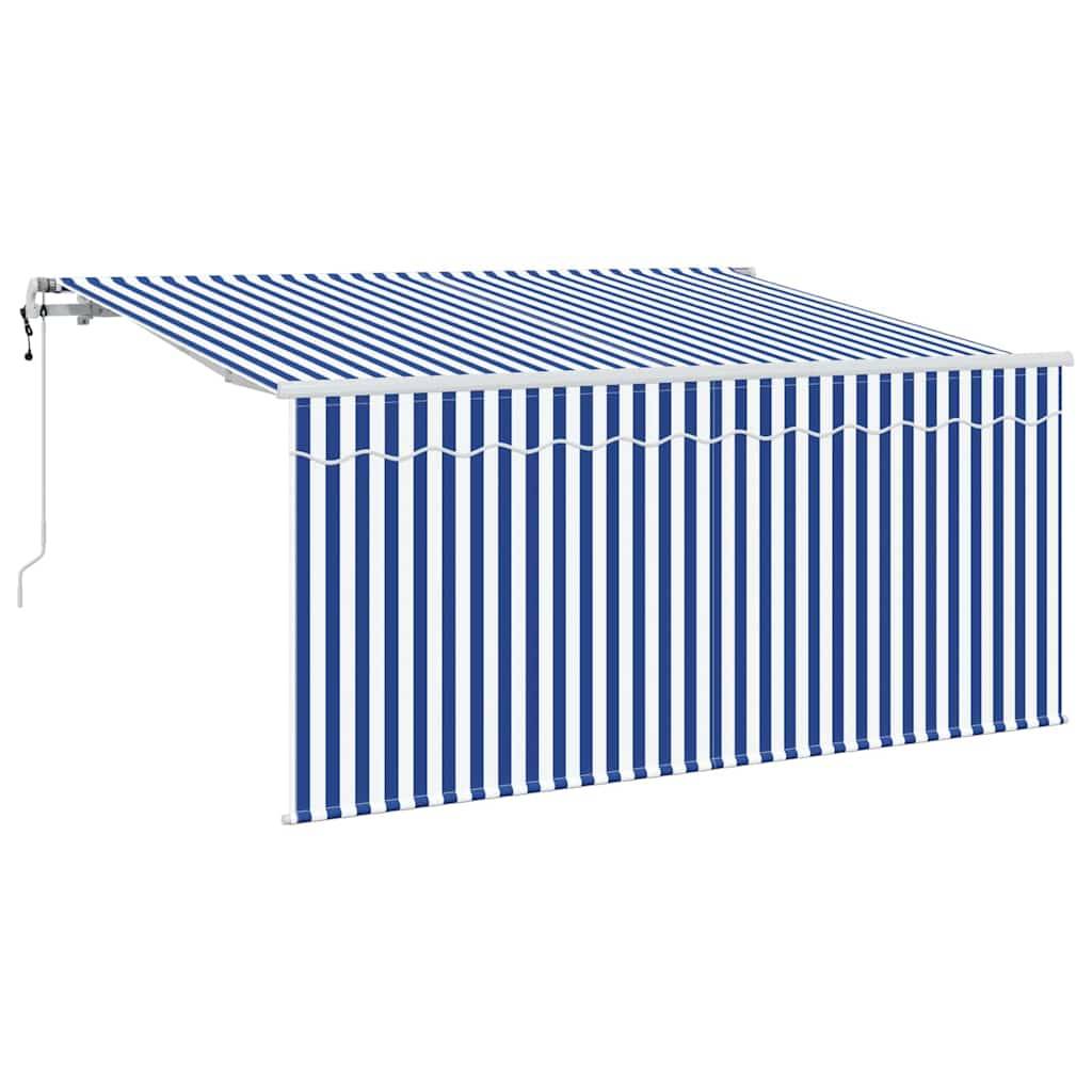 Eine ausgedehnte blau-weiß gestreifte Markise mit weißem Rahmen, die Schatten und Wetterschutz bietet.