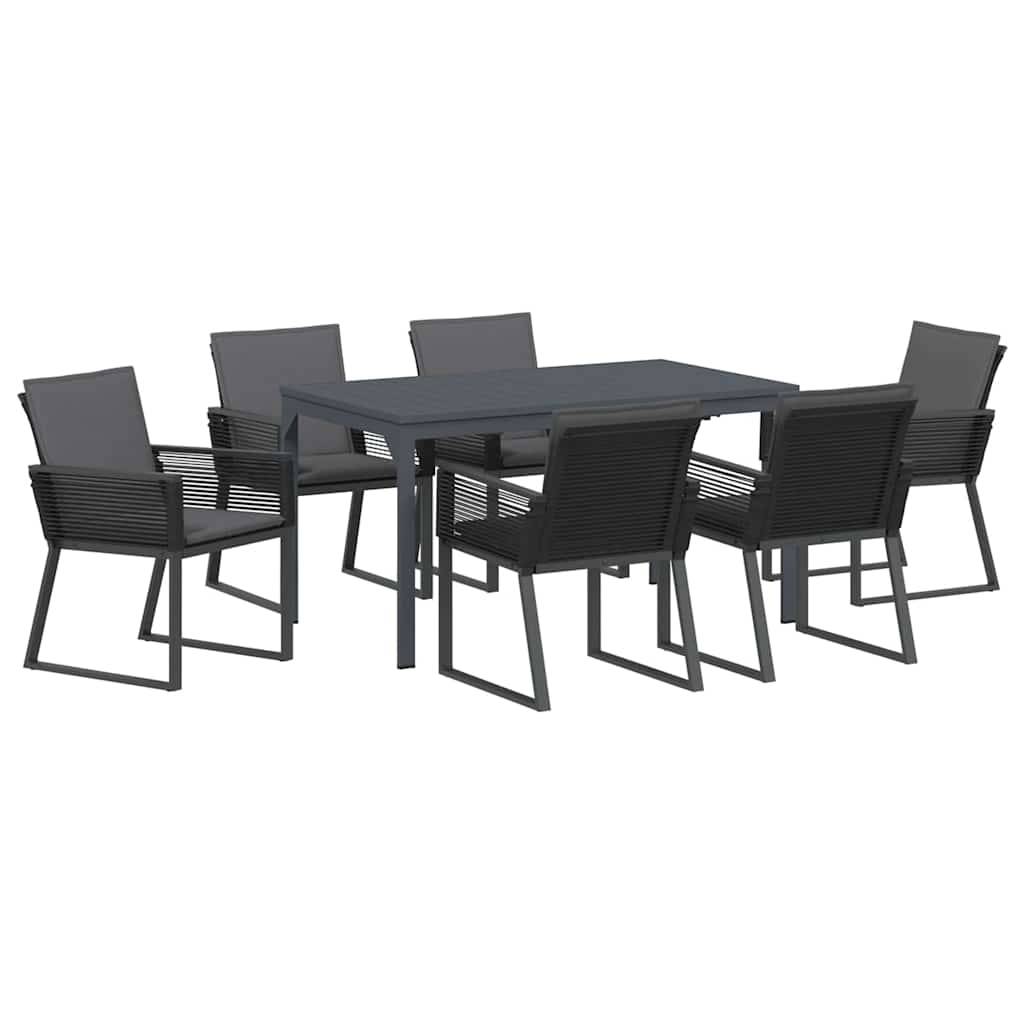 Ein quadratischer schwarzer Esstisch mit sechs passenden Stühlen, alle mit schlankem, modernem Design. Das Set ist vor einem einfachen Hintergrund angeordnet.