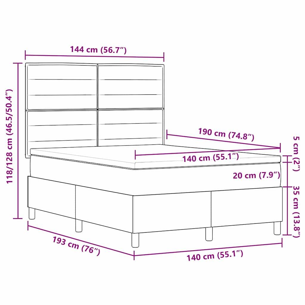 Abmessungen eines Bettes: Höhe 118/128 cm, Breite 144 cm, Länge 190 cm. Matratze ist 140 cm breit, 190 cm lang. Stauraum unter dem Bett dargestellt.