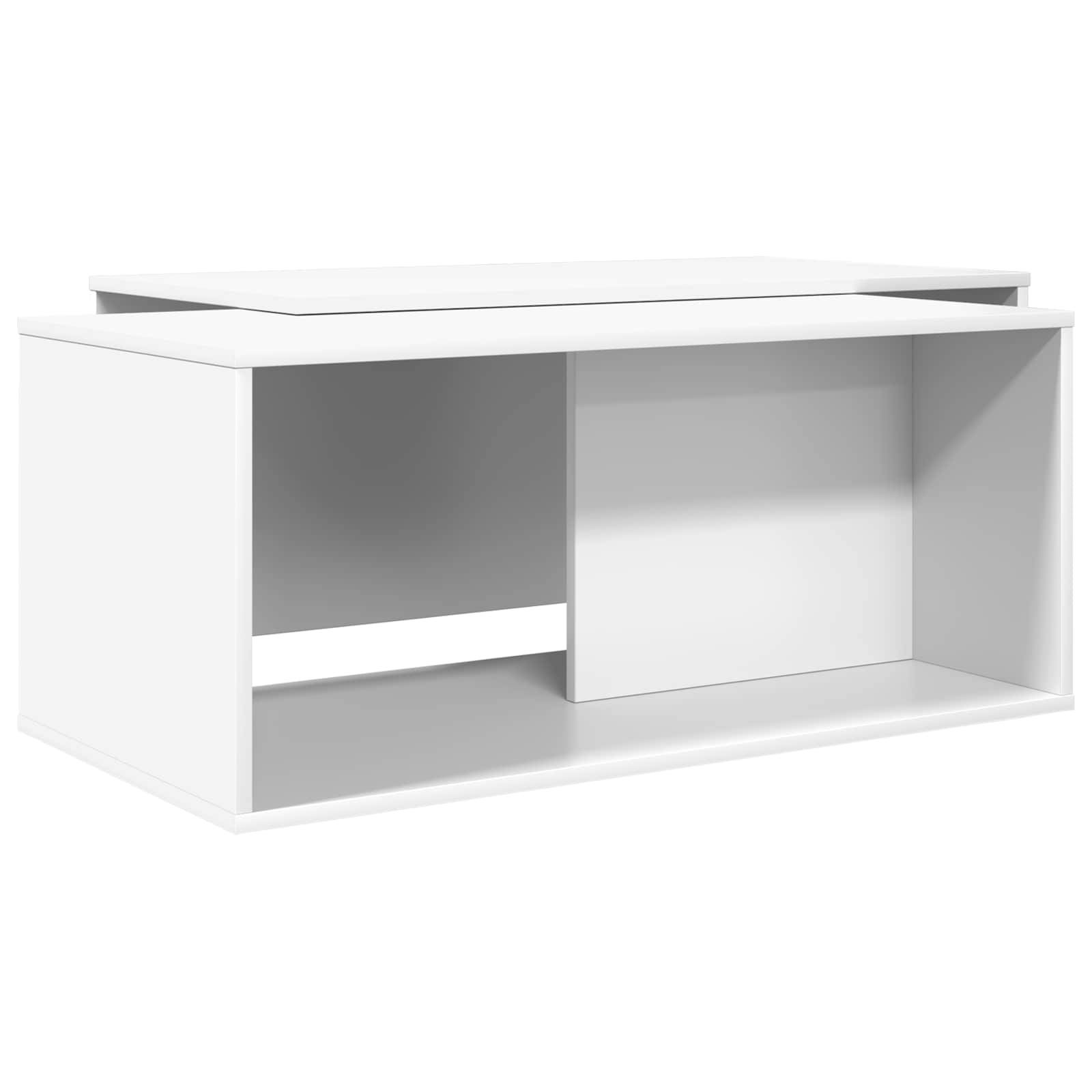 Ein weißes, minimalistisches TV-Lowboard mit rechteckiger Form, offenen Fächern und einer ebenen Oberseite zur Unterstützung eines Fernsehers oder dekorativer Gegenstände.