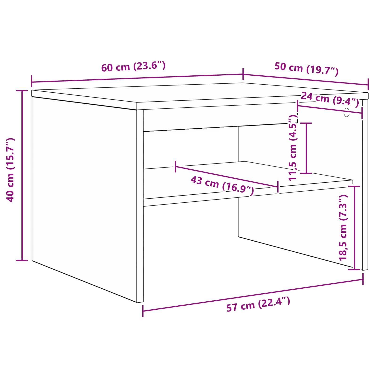 Ein Diagramm eines Schreibtisches mit Abmessungen: Arbeitsfläche 60 cm breit, 50 cm tief; 40 cm hoch. Regale: oben 11,5 cm hoch, 24 cm breit; unterer Raum 43 cm breit, 18,5 cm hoch.