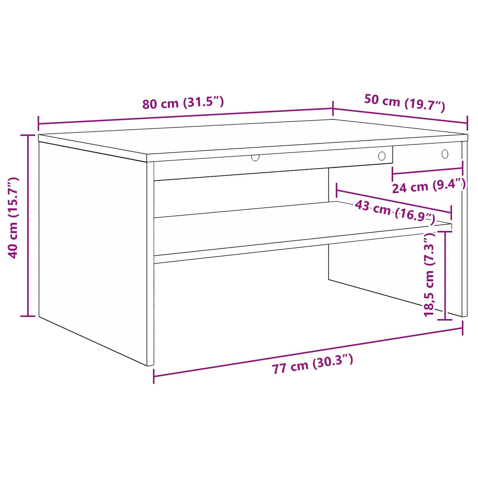 Ein Diagramm eines Schreibtisches mit folgenden Abmessungen: Höhe 40 cm, Breite 80 cm, Tiefe 50 cm, Regalhöhen 18,5 cm und 24 cm, Regaltiefe 43 cm.