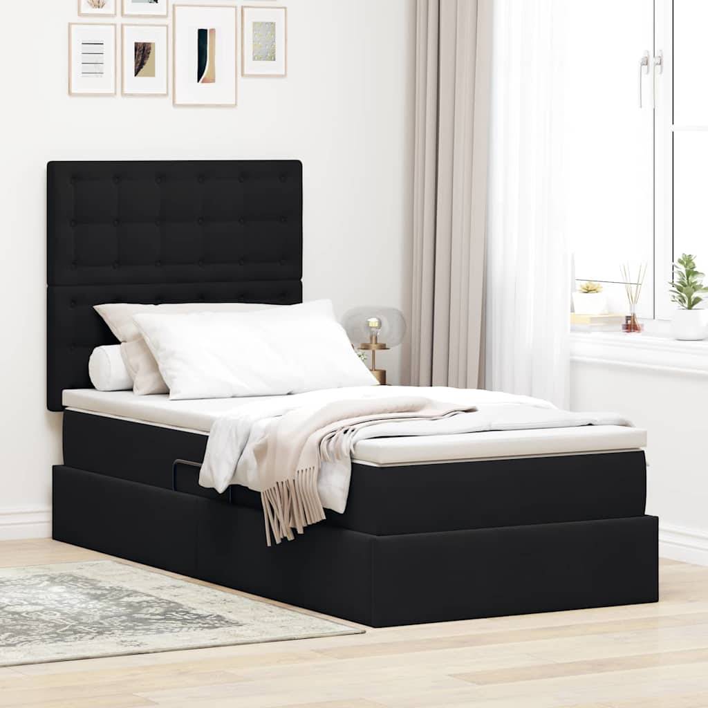 Ein modernes Schlafzimmer mit einem schwarzen gepolsterten Bett mit hohem Kopfteil, weißer Bettwäsche und einer gemütlichen Decke. Natürliches Licht erfüllt den Raum.