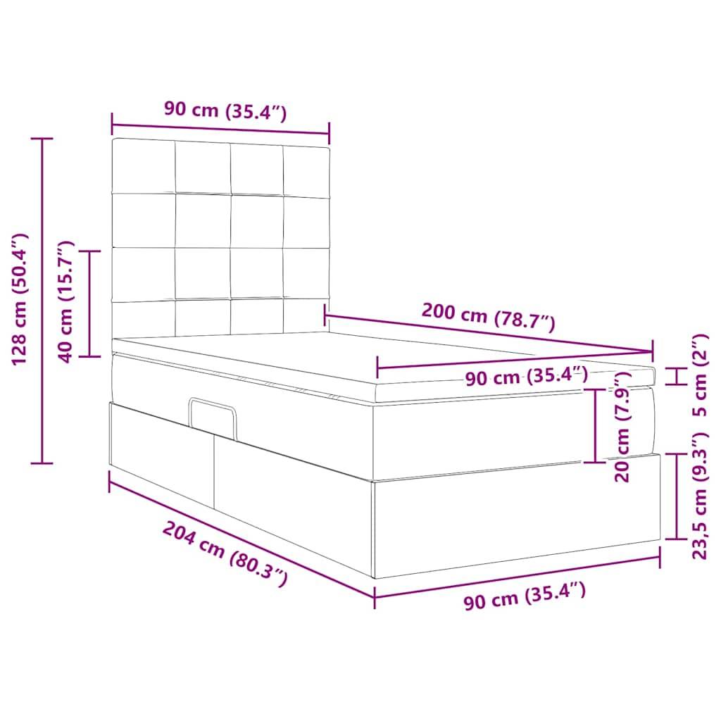 Diagramm eines Bettes mit Abmessungen: Kopfteillöhe 128 cm (50,4"), Bettbreite 90 cm (35,4""), Länge 204 cm (80,3"") und Schubladenhöhe 23,5 cm (9,3"").