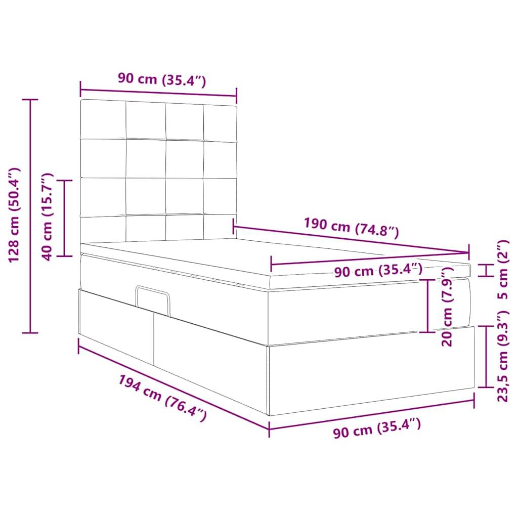 Bettabmessungen in Zentimetern mit Kopfteil: Höhe 128, Breite 90, Länge 190. Betthöhe 40. Lagerschublade mit Abmessungen beschriftet.