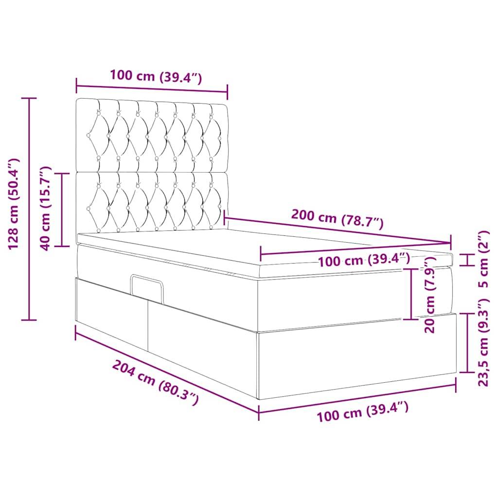 Skizze eines Bettes mit Stauraum - Abmessungen: Höhe 128 cm, Breite 100 cm, Länge 204 cm, Schubladenhöhe 20 cm, Seitenhöhe 40 cm.