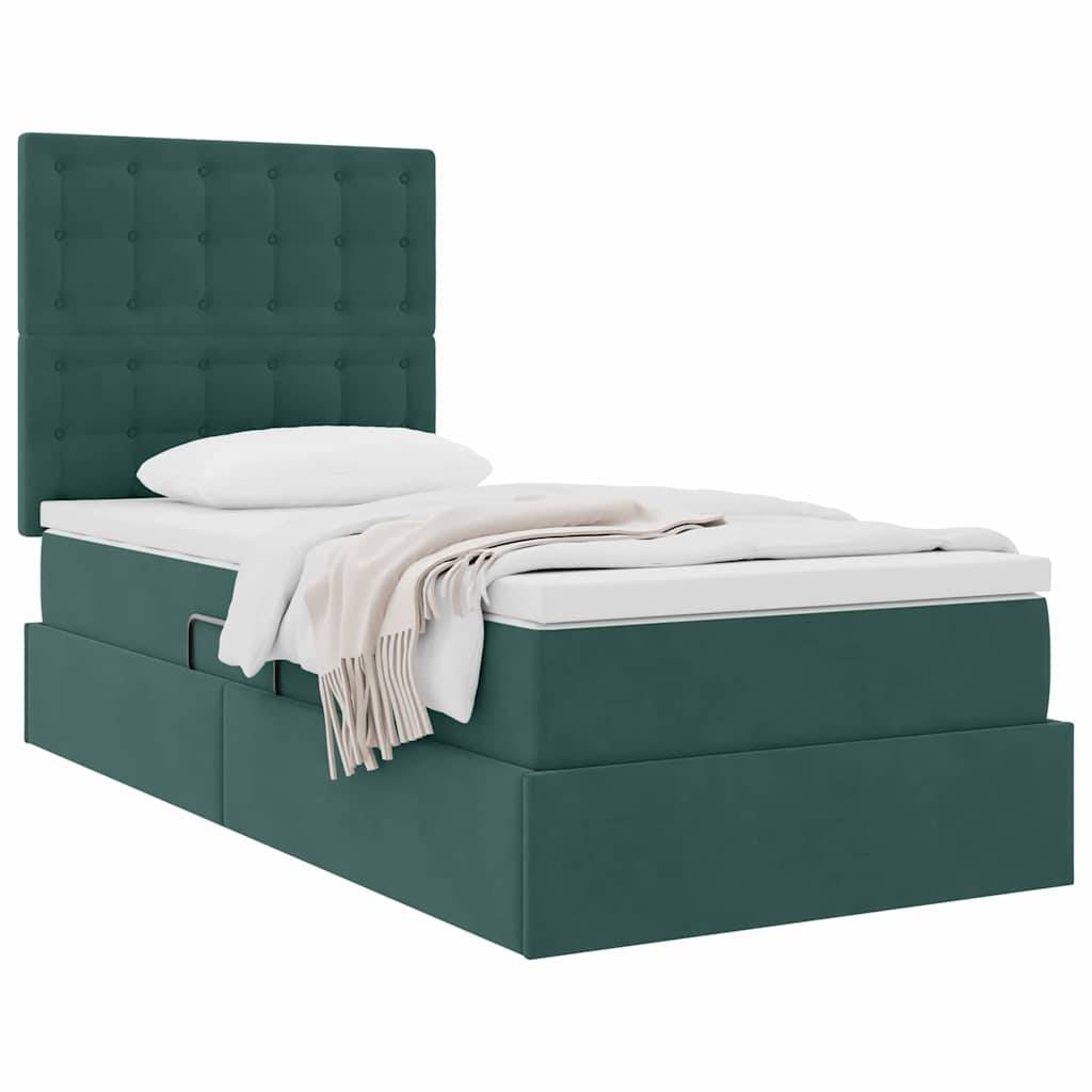 Ein modernes grünes Bett mit gepolstertem Kopfteil mit Steppung, weißer Bettwäsche und einer beige Wurfdecke über der Seite drapiert.