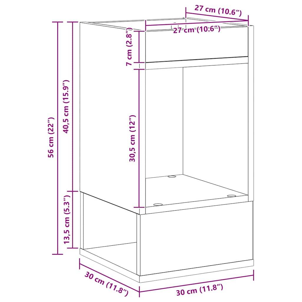 Eine Abbildung eines Schranks mit gemessenen Abmessungen: 30 cm Breite, 56 cm Höhe und 30 cm Tiefe. Das obere Regal ist 7 cm hoch.