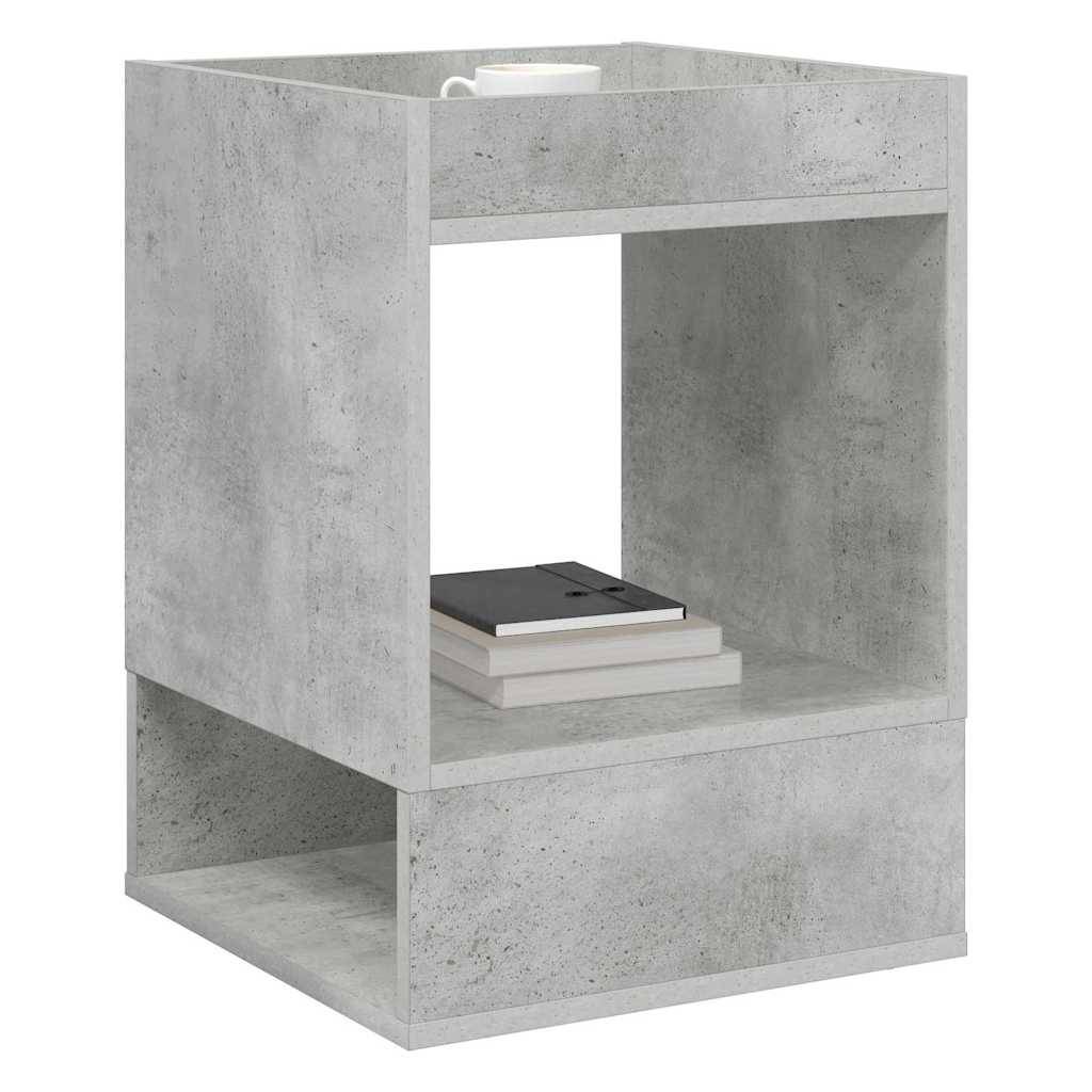 Quadratisches Bücherregal im Betonlook mit zwei Regalbrettern, ausgestattet mit einer weißen Tasse und zwei gestapelten Büchern.