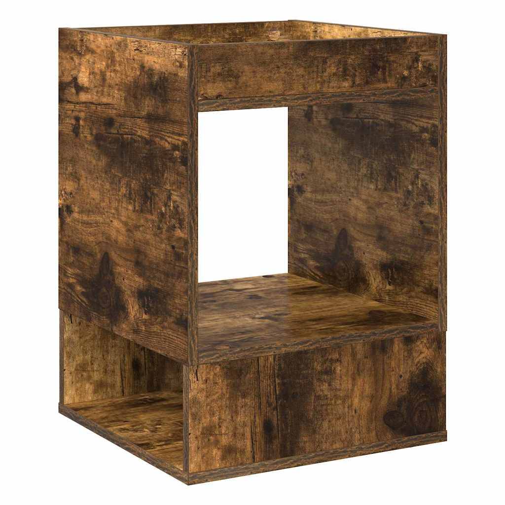 Rustikales Holzwürfelregal mit offener Mitte und unterer Ablagenkuhle, dargestellt als eigenständiges Möbelstück auf weißem Hintergrund.