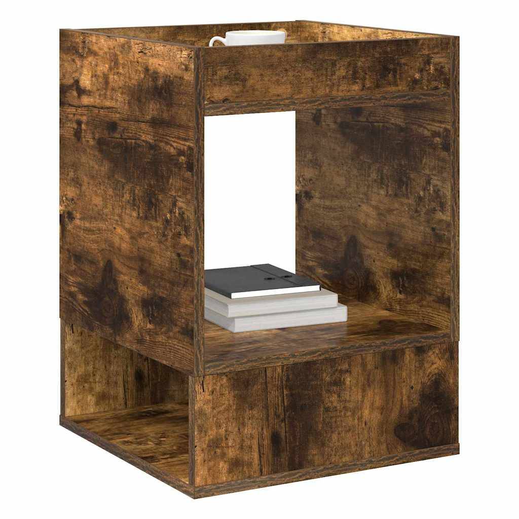 Würfelförmiger Beistelltisch aus Holz mit einem offenen Regal und ausgeschnittener Griffmulde, auf dessen Oberseite ein Bücherstapel steht.