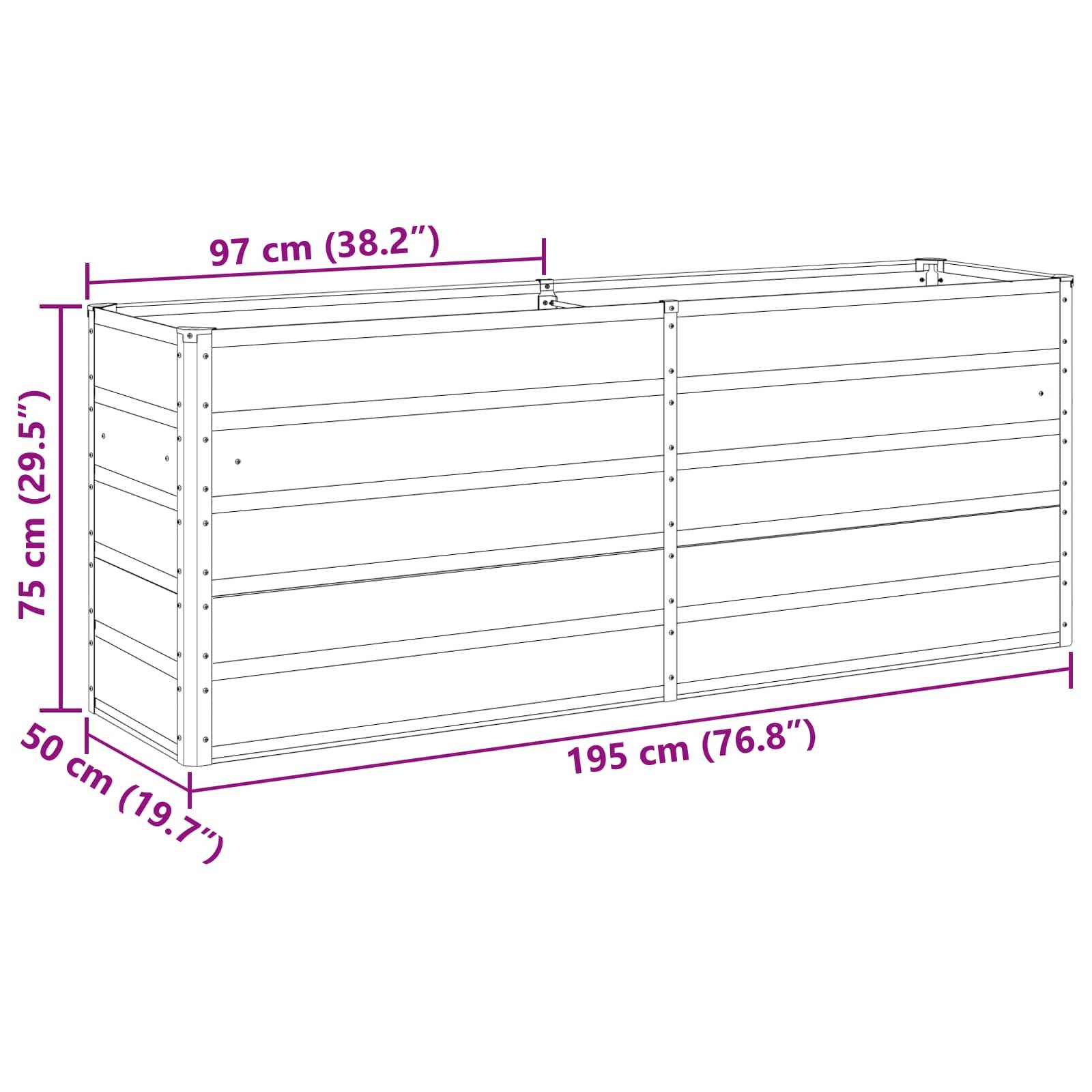 Rechteckiges Pflanzkasten-Diagramm mit Abmessungen: 195 cm (76,8