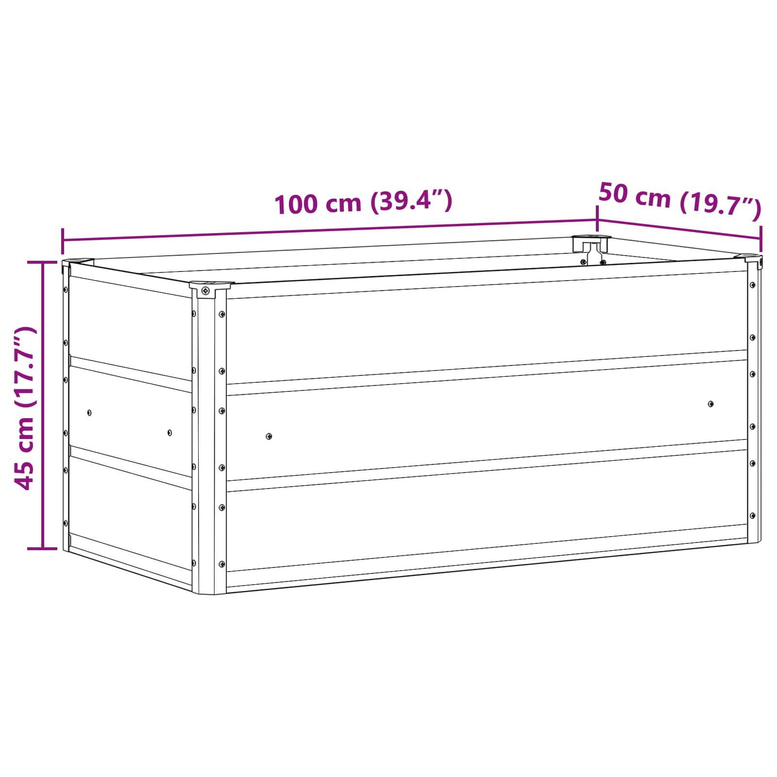 Ein rechteckiger Metallblumenkübel mit den Abmessungen: 100 cm Länge, 50 cm Breite und 45 cm Höhe, dargestellt mit beschrifteten Messwerten.