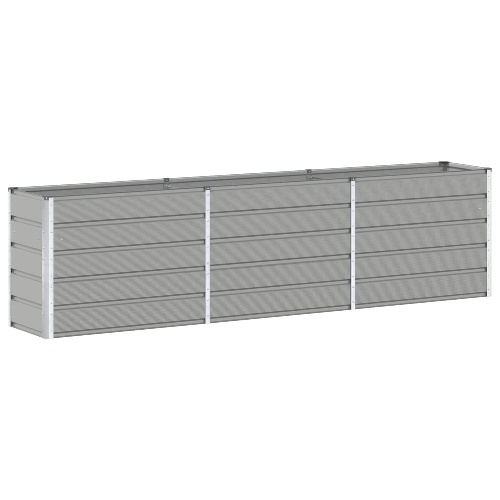 Ein horizontales rechteckiges Metallhochbeet mit grauer Oberfläche, das drei durch vertikale Stützen getrennte Abschnitte aufweist.