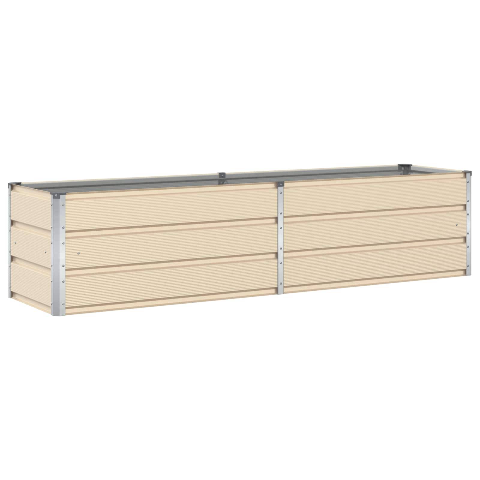 Beige rechteckige Lagerkiste mit metallischen Ecken und Kanten, mit horizontalen Paneelen. Geeignet für den Außenbereich oder die Garagennutzung.