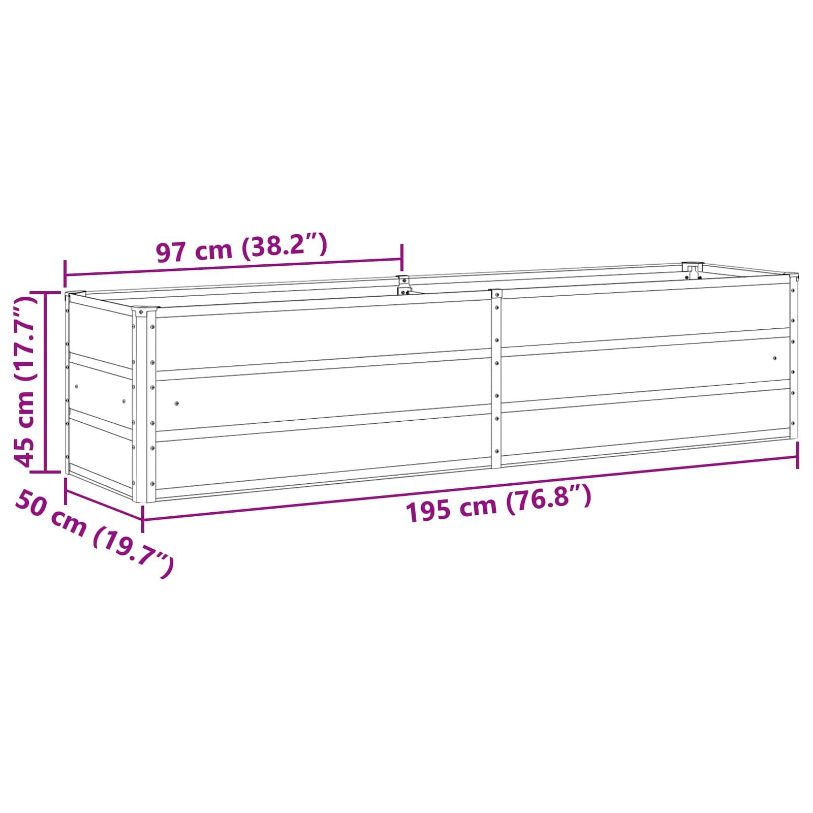 Ein rechteckiges Pflanzkasten-Diagramm mit Abmessungen: 195 cm (76,8