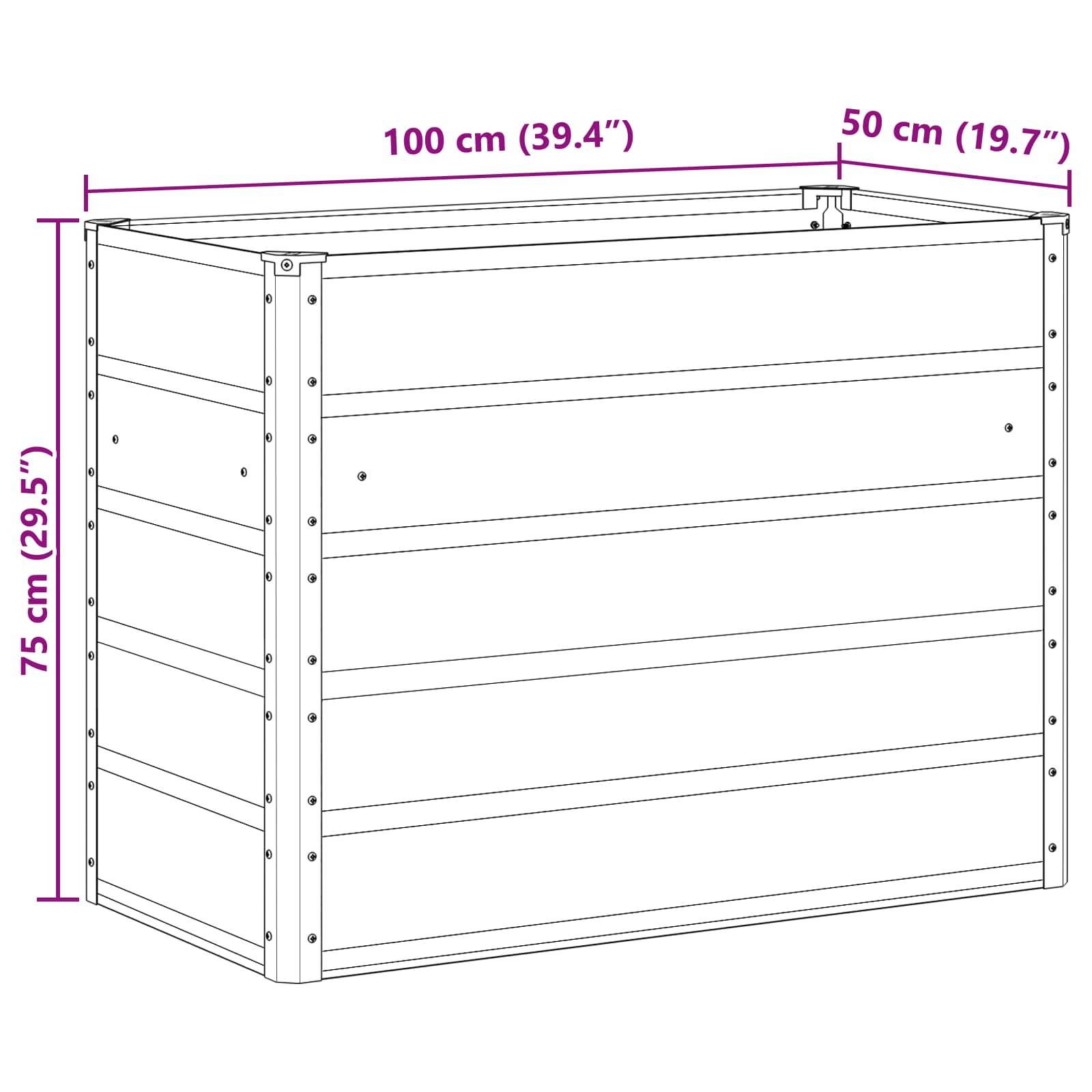 Diagramm eines rechteckigen Kastens mit den Abmessungen: 100 cm (39,4