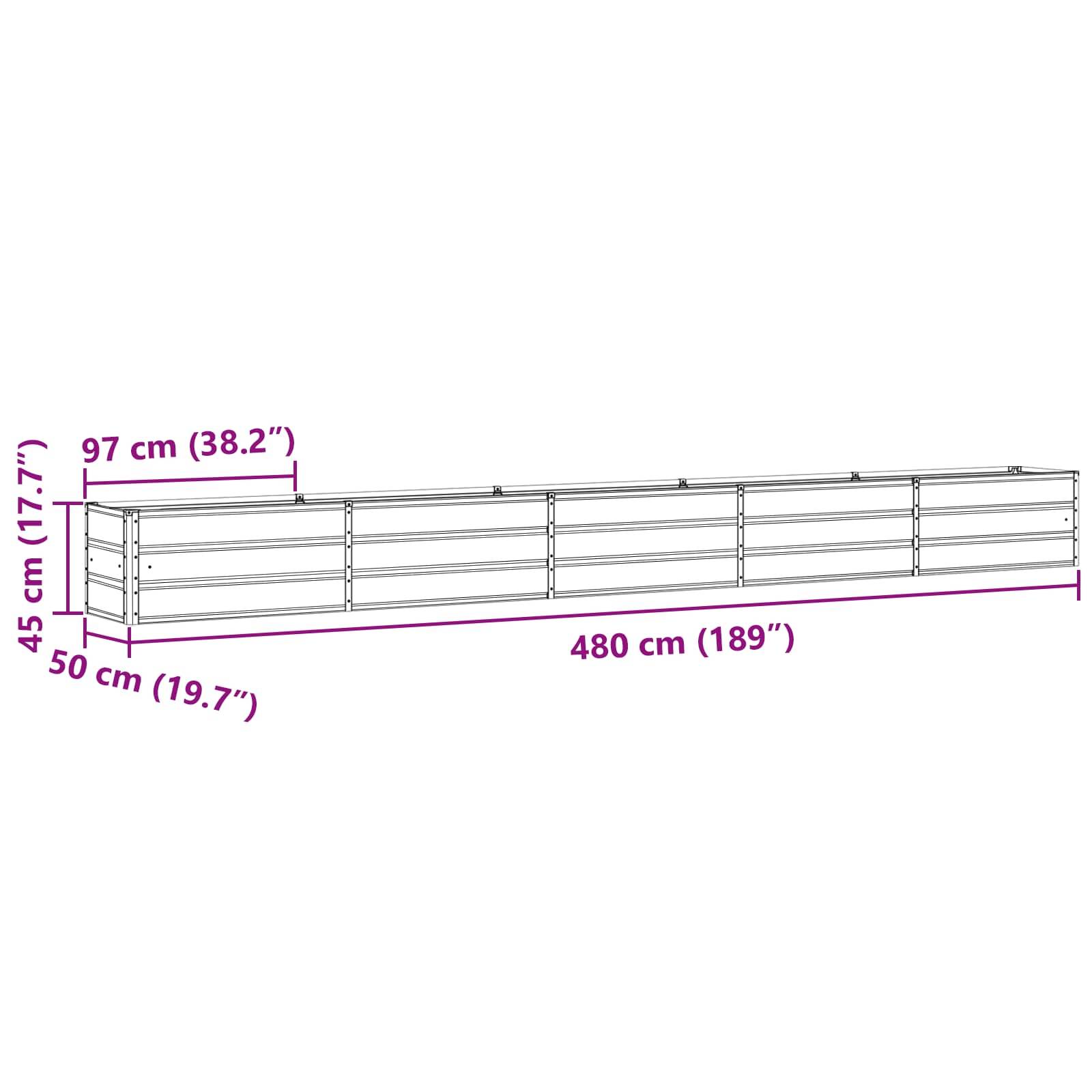 Bild zeigt die Abmessungen eines großen rechteckigen erhöhten Hochbeetes: 480 cm (189