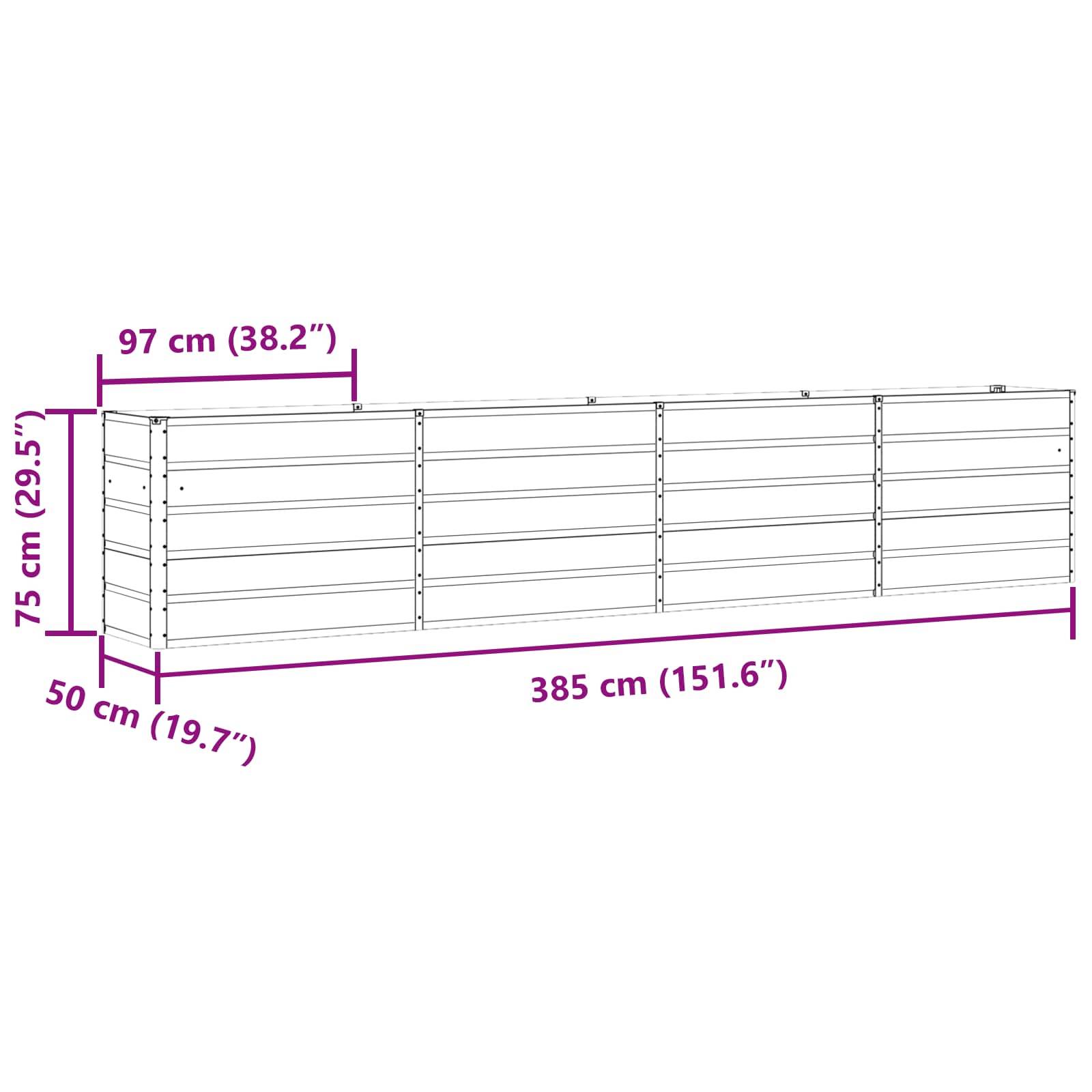 Ein großer rechteckiger Pflanzkasten wird mit folgenden Abmessungen gezeigt: Höhe 75 cm (29,5