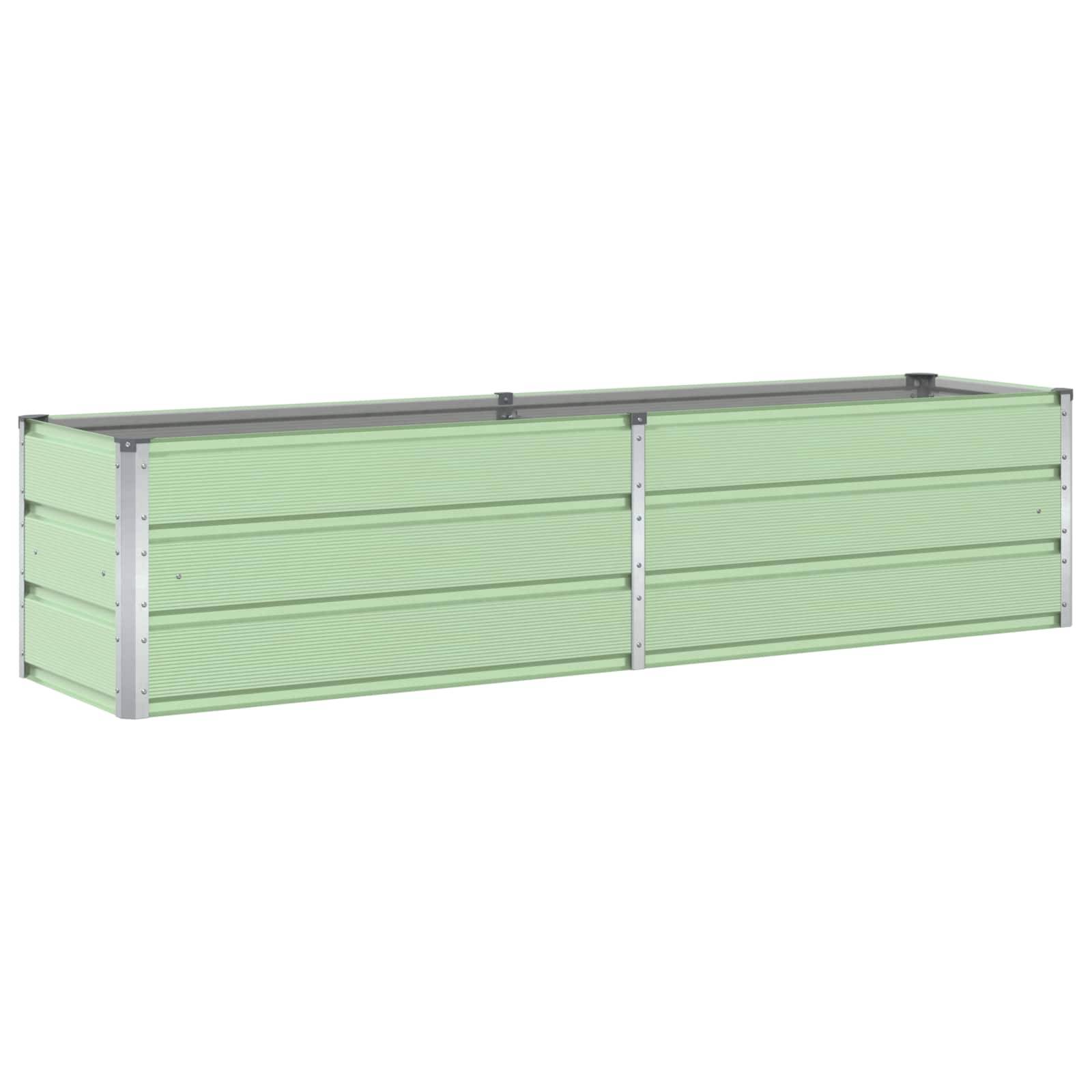 Ein grünes, horizontales Metall-Hochbeet mit schlankem, rechteckigem Design.