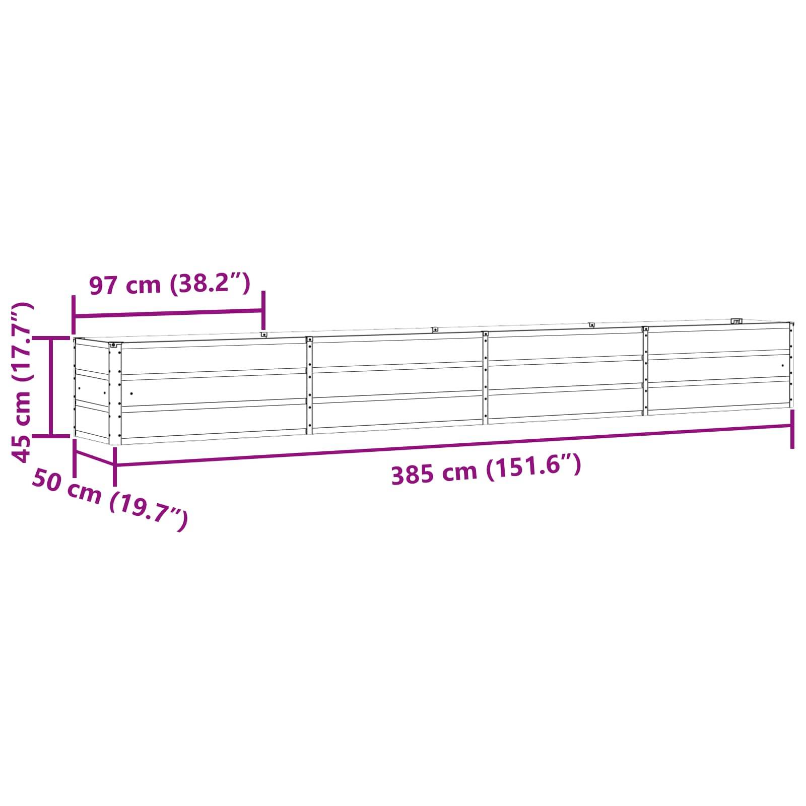 Ein rechteckiger Kasten mit gekennzeichneten Abmessungen: Länge 385 cm (151,6