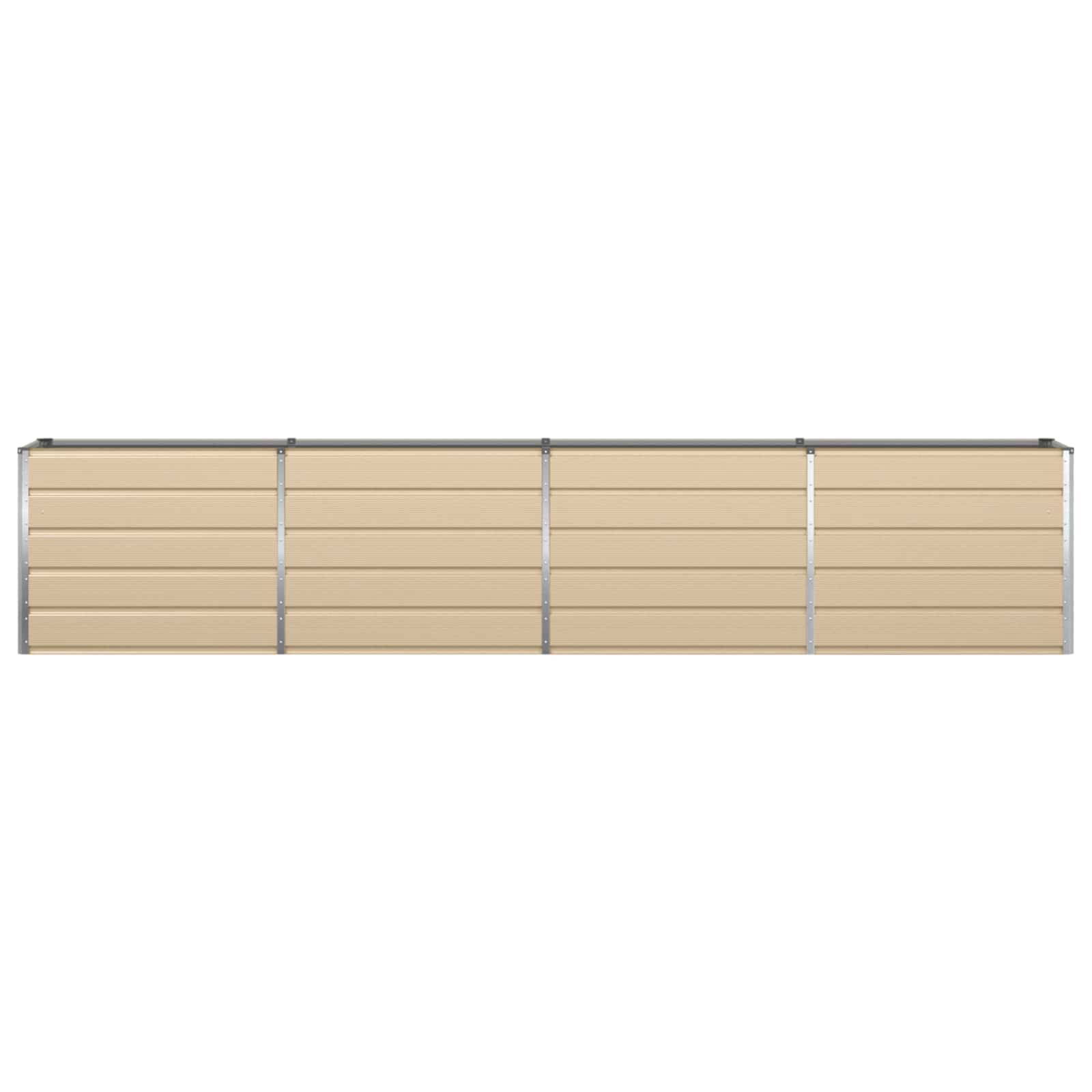 Eine beige Garagentür mit horizontalem Paneeldesign, eingefasst durch vertikale graue Linien in regelmäßigen Abständen, die einzelne Abschnitte schaffen.