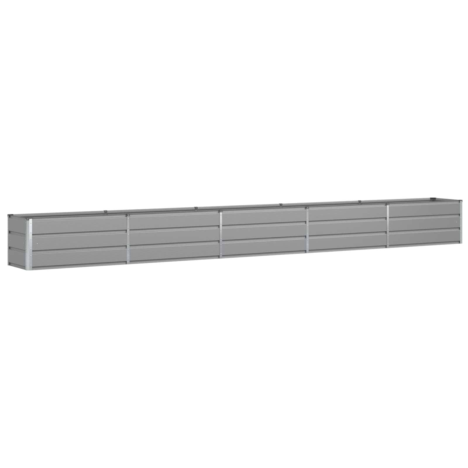 Ein langer, rechteckiger metallischer Pflanzkasten mit modernem, minimalistischem Design. Geeignet für den Innen- oder Außenbereich.
