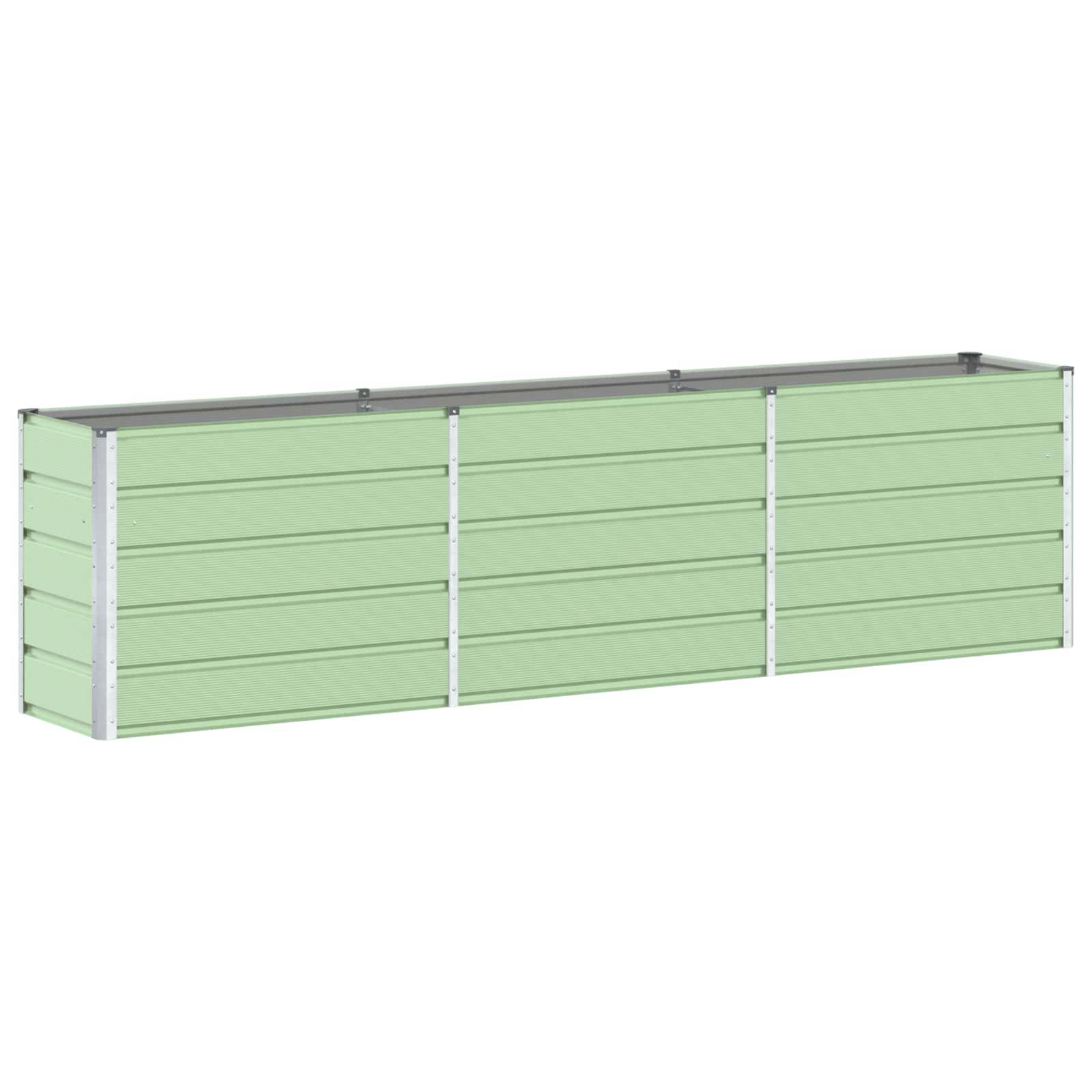 Eine grüne, horizontale Außenlagerbox mit drei Abteilungen, die zur Aufbewahrung von Gartenwerkzeugen oder Ausrüstung verwendet wird.