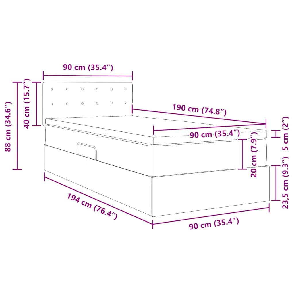 vidaXL Bett mit Stauraum und LED Grau 90 x 190 cm Kunstleder