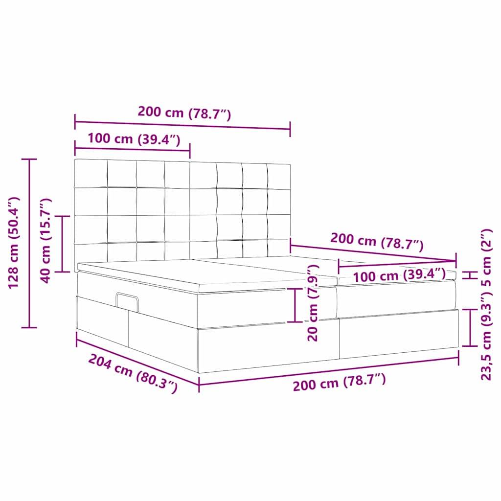 Diagramm eines Bettes mit gekennzeichneten Abmessungen: Kopfteilhöhe 128 cm, Matratzenhöhe 40 cm, Breite 200 cm, Länge 204 cm.
