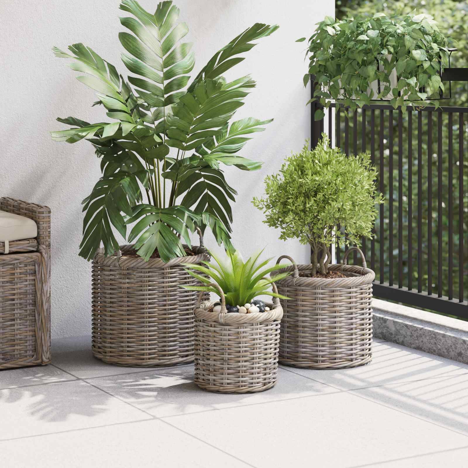 vidaXL Pflanzkorb-Set mit Stauraum 3 Stück Kubu Grau Kubu-Rattan