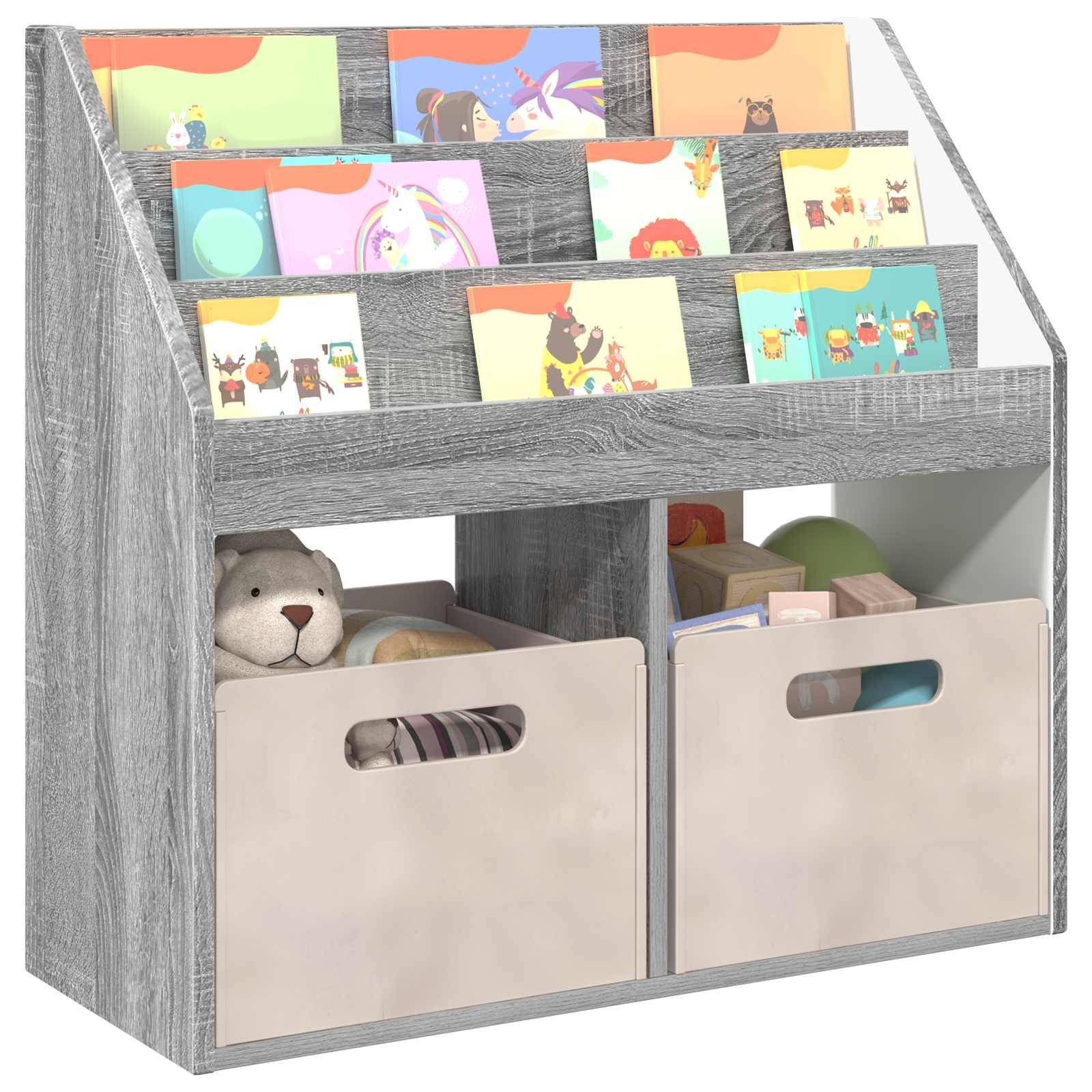 Grauer Holz-Aufbewahrungsorganizer für Kinder mit oberen Schlitzen, in denen bunte Bilderbücher aufbewahrt werden, und zwei unteren Behältern, die mit Spielzeug und Kuscheltieren gefüllt sind.