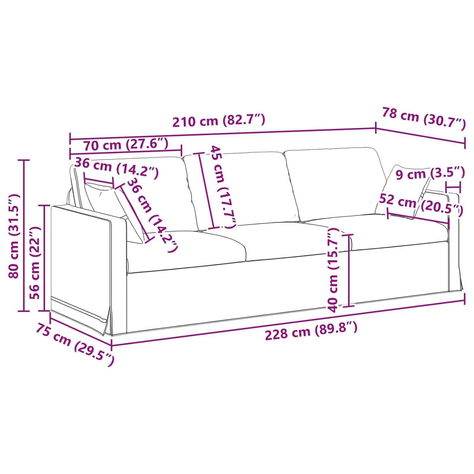 vidaXL Sofa Creme 228 x 78 x 80 cm Samt