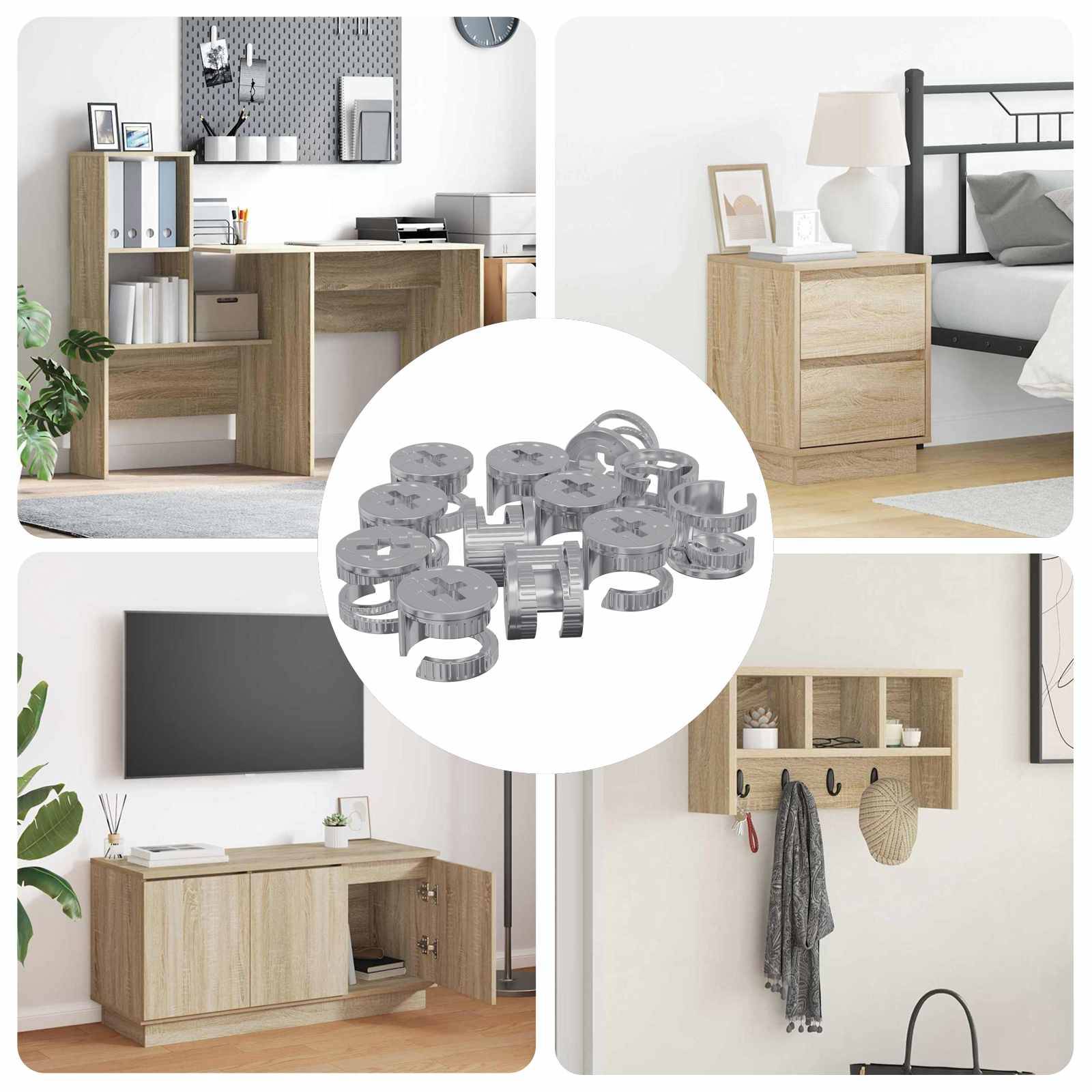 Homeoffice-Schreibtisch, Nachttisch, TV-Ständer und Wandregal in hellem Holzton. Das zentrale Bild zeigt Montagezubehör. Die Möbel unterstreichen die moderne Einrichtung.