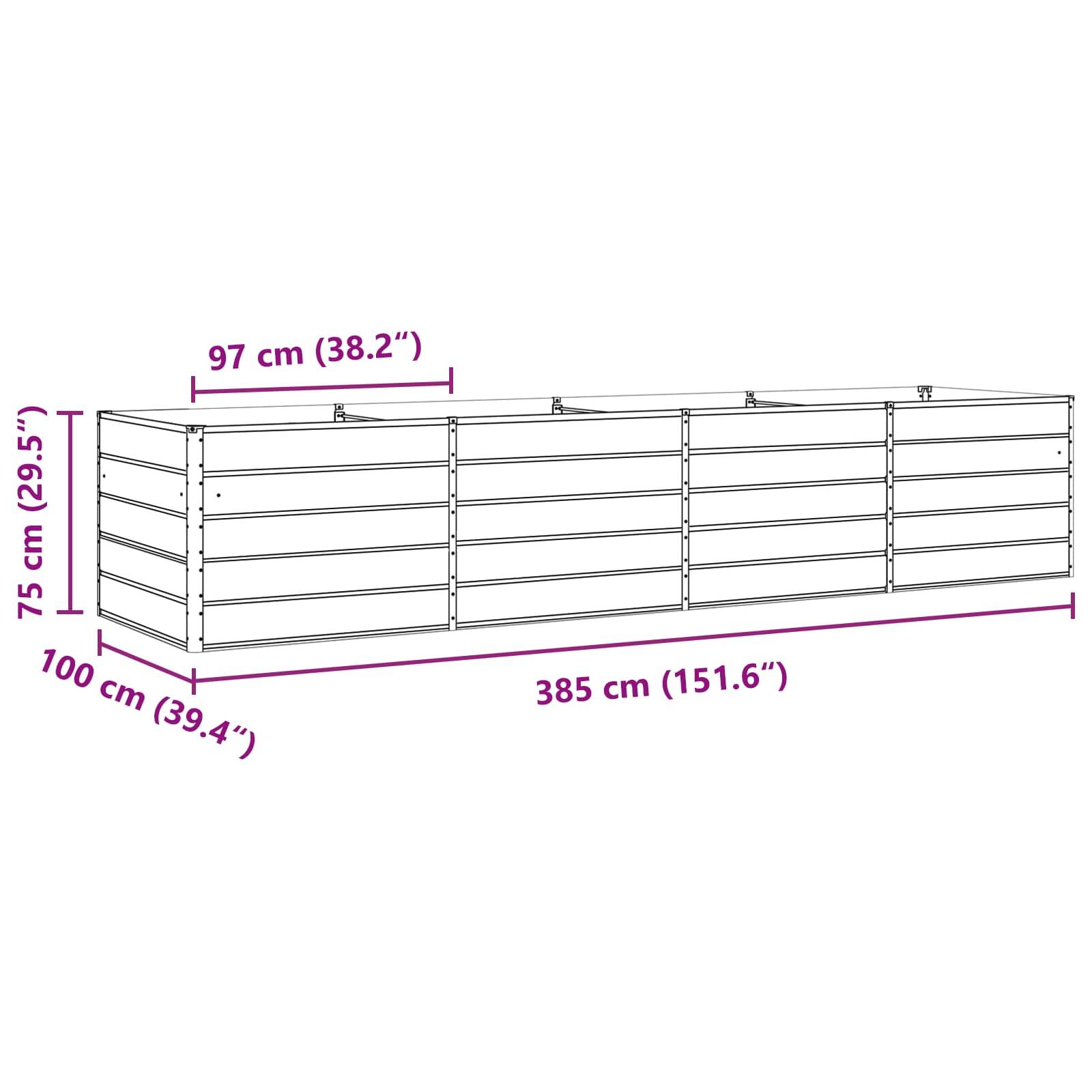 vidaXL Pflanzkübel Hellgrau 385 x 100 x 75 cm Verzinkter Stahl