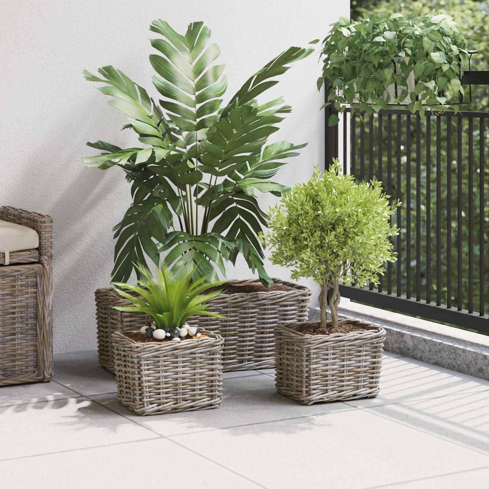 vidaXL Blumentopfkorb mit Speicher 3 pcs Grau Kubu Rattan