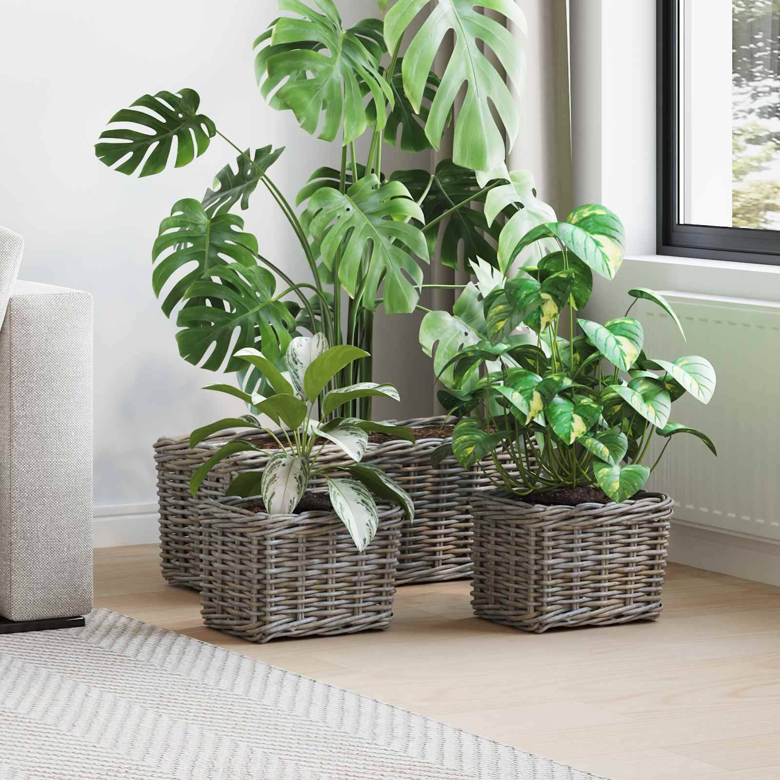 vidaXL Blumentopfkorb mit Speicher 3 pcs Grau Kubu Rattan