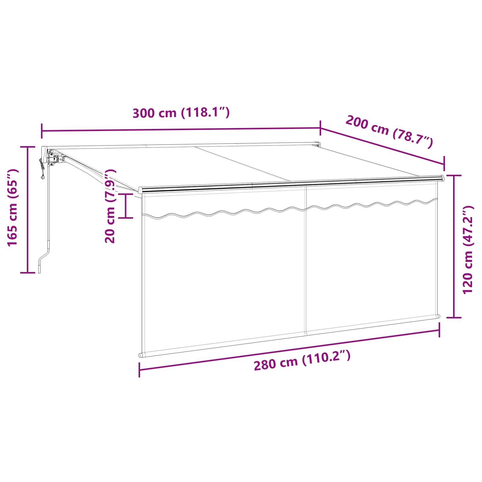 „Diagramm einer einziehbaren Markise mit Abmessungen. Breite: 300 cm (118,1