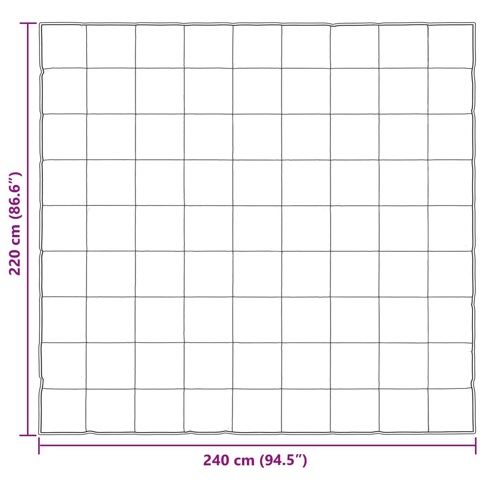Abmessungen einer quadratischen Steppdecke: 240 cm (94,5 Zoll) breit und 220 cm (86,6 Zoll) hoch, mit einem Rastermuster.