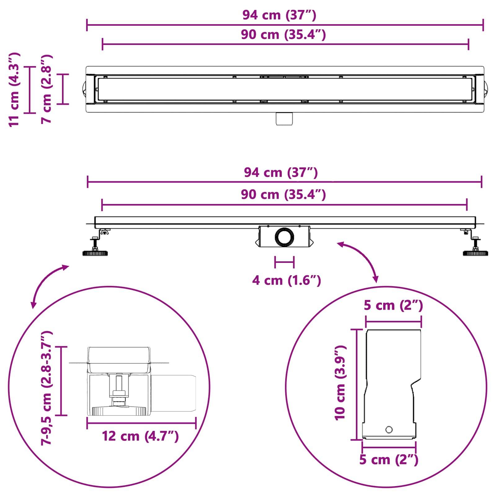Schemazeichnung eines Geräts mit Abmessungen: 94 cm (37