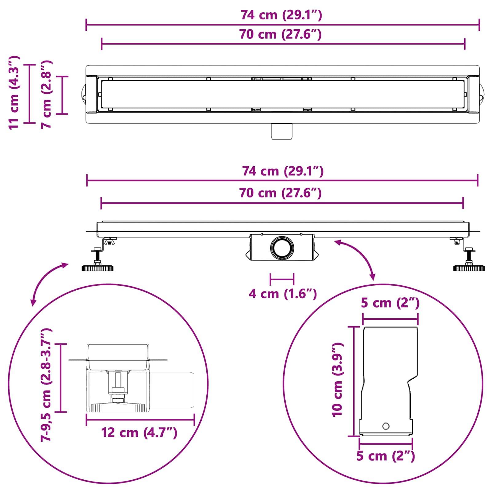 Schreibtischlampen-Abmessungen: Länge 74 cm (29,1