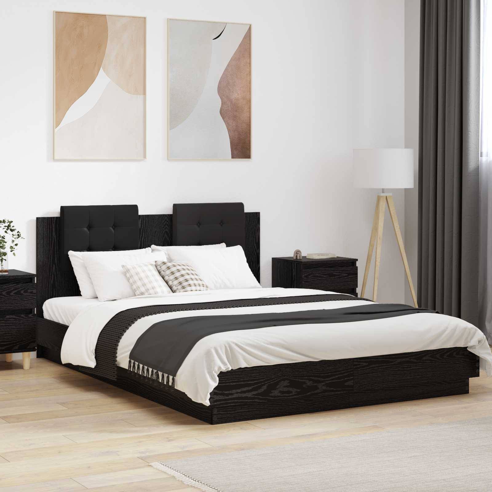 Ein modernes Holzbett mit gestepptem Kopfteil und unter dem Bett angebrachten LED-Leuchten in Blau, Rot und Grün. Ein Farbrad zur Anpassung wird angezeigt.