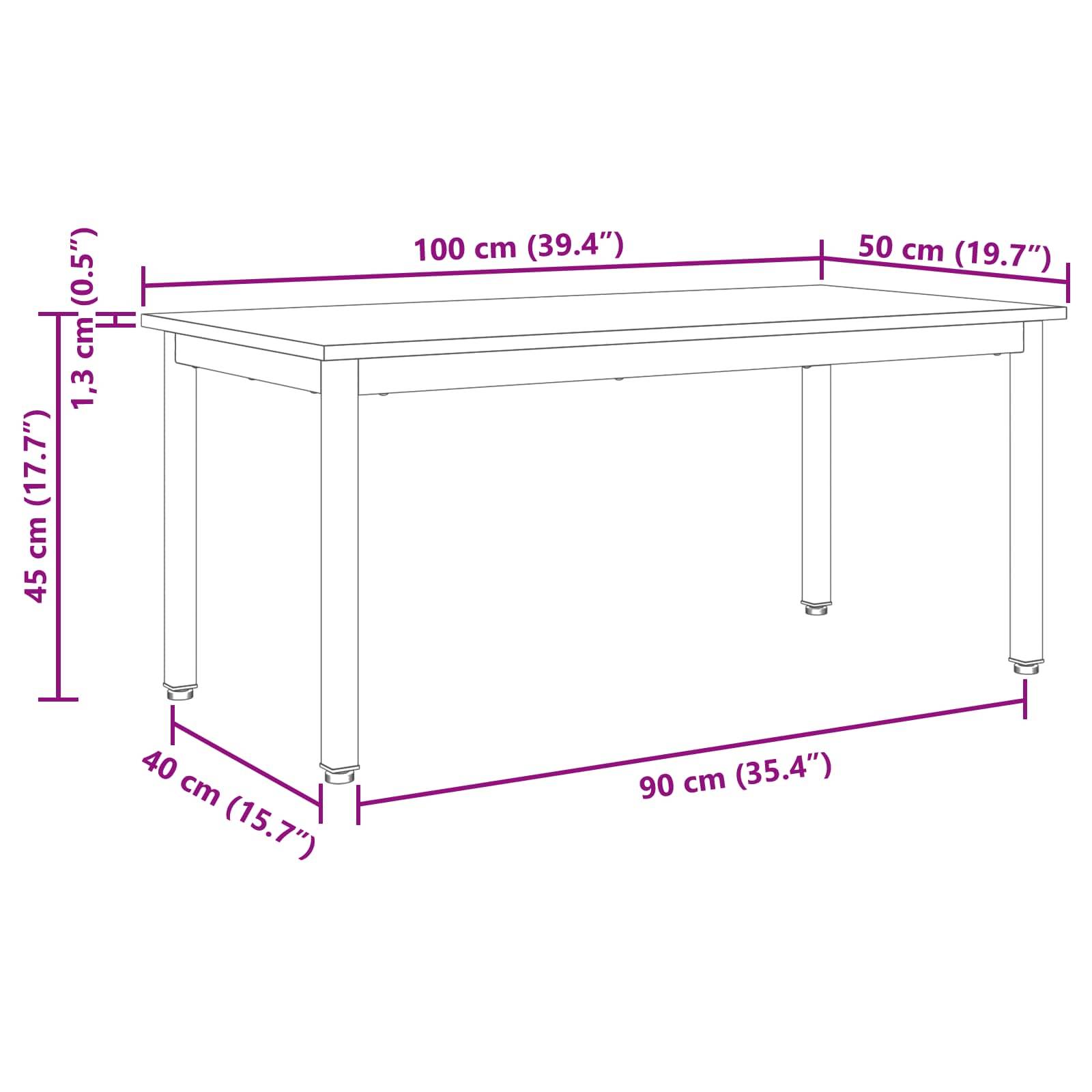 Ein rechteckiger Tisch mit den Maßen: 100 cm (Länge), 50 cm (Breite), 45 cm (Höhe). Die Beine sind auf der Kurzseite 40 cm voneinander entfernt und auf der Langseite 90 cm voneinander entfernt.