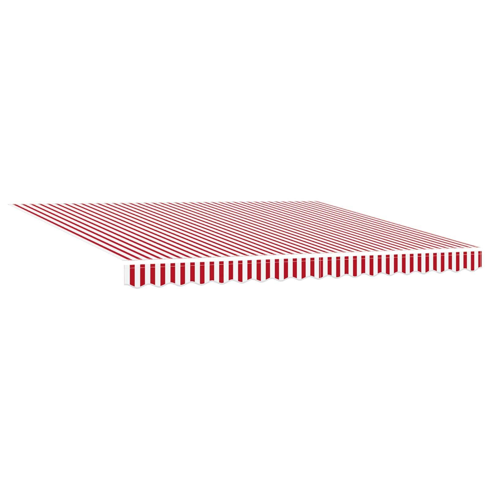 Ein rot-weiß gestreiftes Markisendach, von unten betrachtet, erstreckt sich horizontal und spendet Schatten oder Schutz.