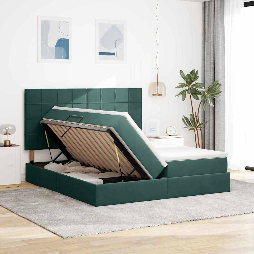 vidaXL LED-Speicherbett mit Matratze Dunkelgrün 180 x 200 cm Samt