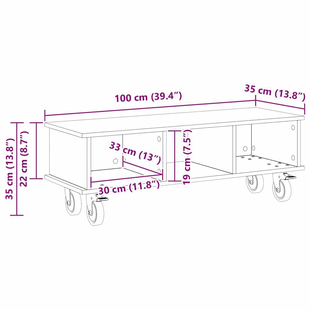 Diagramm eines rechteckigen Transportwagens mit Abmessungen: 100 cm (39,4
