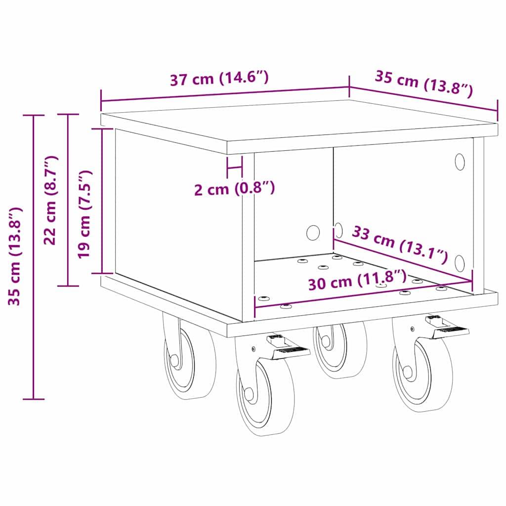 Ein Diagramm eines Kastens auf Rädern mit Abmessungen: Höhe 35 cm, Tiefe 35 cm, Breite 37 cm. Es enthält Regalmessungen im Inneren.