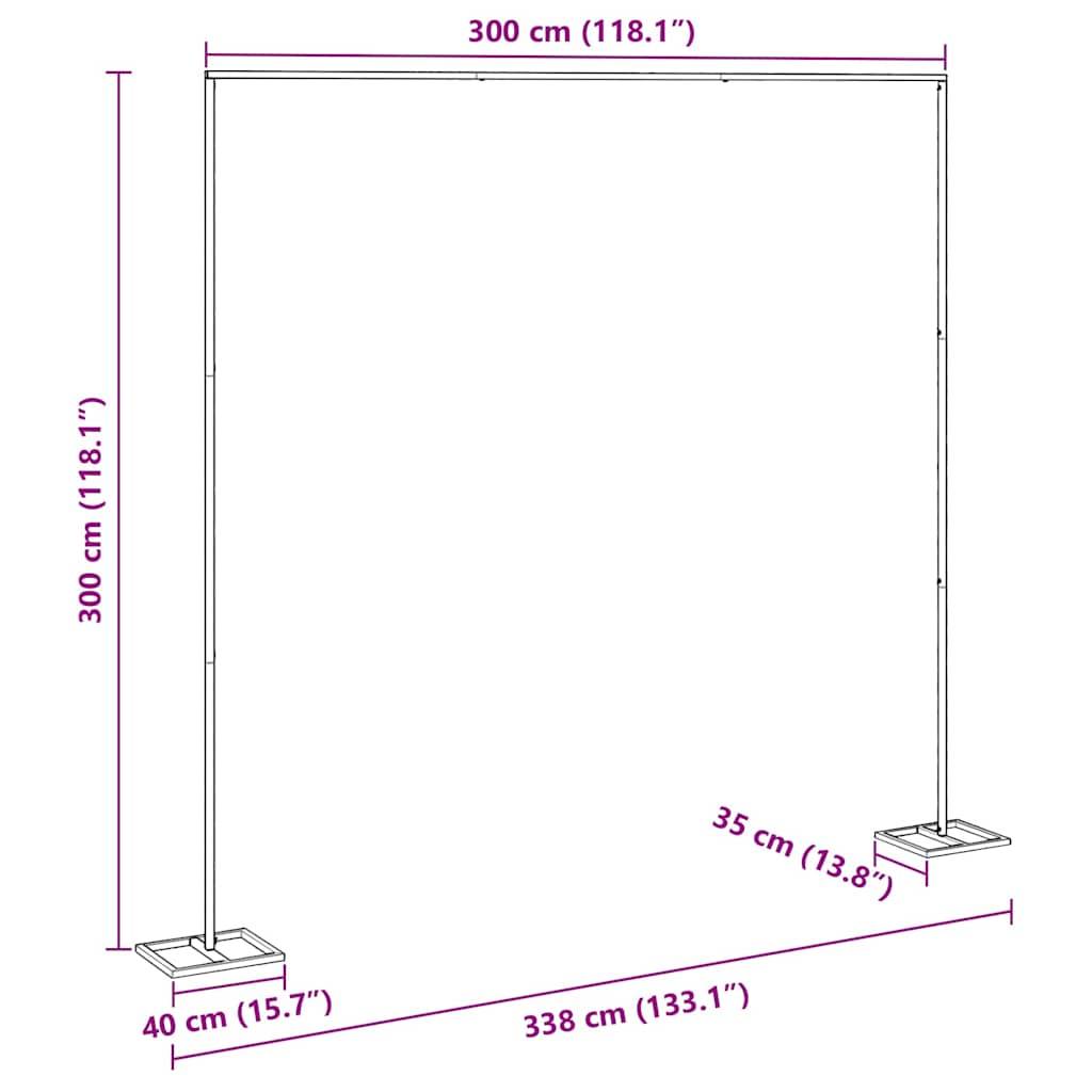Diagramm einer rechteckigen Metallrahmenstruktur mit Abmessungen: 300 cm Höhe, 338 cm Breite, 40 cm Tiefe an der Basis und 35 cm auf jeder Seite.